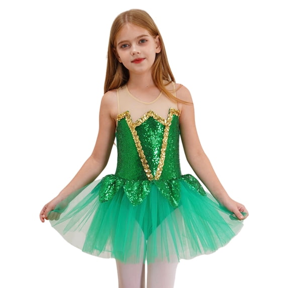 iiniim Halloween Girls Elf Leotard Kids Sequins Mesh Tutu Dress Bodysuit for Gymnastics Ballet Dance Green 10