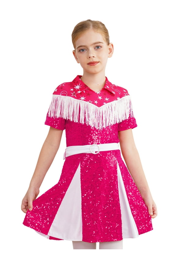 Halloween Western Party Dress Up Cowgirl Kids Girls Tassels Fringe Shiny Sequins Pleated Dresses Hot Pink 12