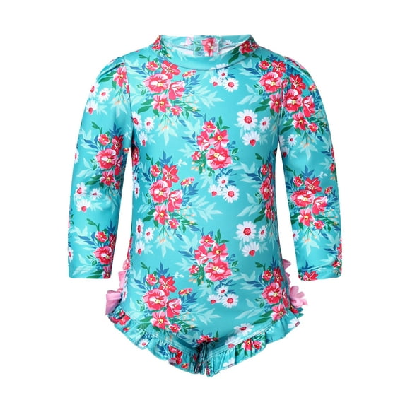 iiniim Infant Baby Girls Long Sleeve Floral Ruffles One Piece Swimsuit Rash Guard Shirts Bathing Suit Blue 18-24 Months