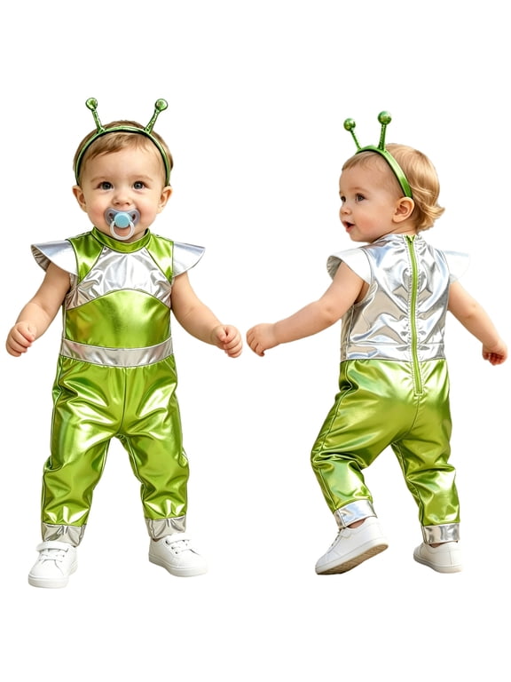 Infant Futuristic Alien Bodysuit Holographic Space Suit Halloween Rompers Metallic Jumpsuit with Headband Fluorescent Green 0-6M