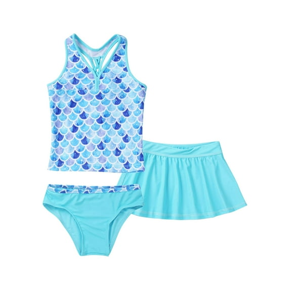 iiniim Junior Girls 3Pcs Swimwear Floral Printed Crop Top with Briefs Skirt Tankini Hawaii Beachwear
