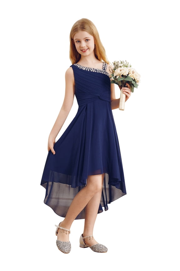 Kid Chiffon Flower Girls One Shoulder Wedding Birthday Party Dress High Low Hem Ball Gown A Navy Blue 6