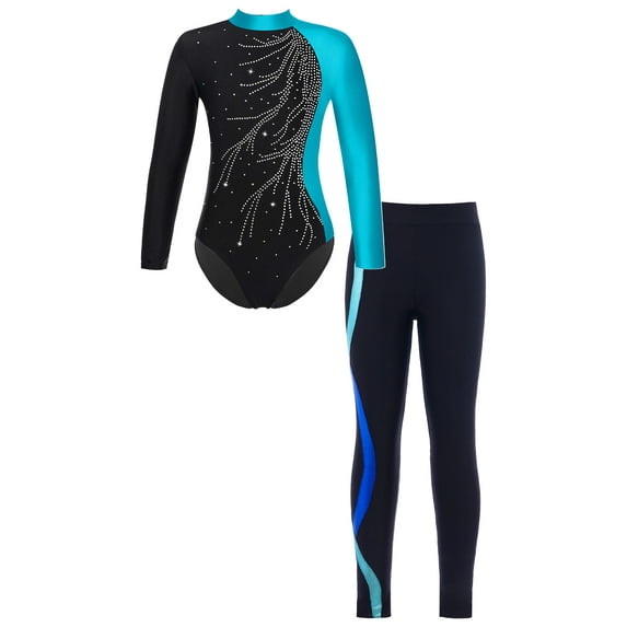 iiniim Kid Girls Athletic Unitard 2PCS Dance Wear Ballet Gymnastic Leotard Outfit Activewear Set with Leggings Size 6-14 A Blue Green&Royal Blue 8