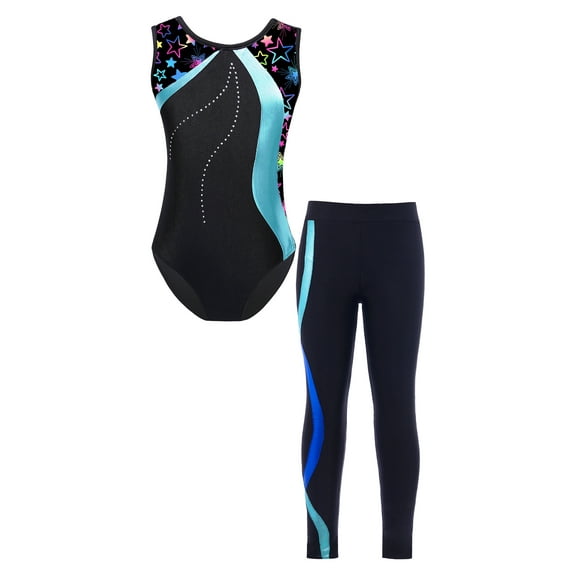iiniim Kid Girls Athletic Unitard 2PCS Dance Wear Ballet Gymnastic Leotard Outfit Activewear Set with Leggings