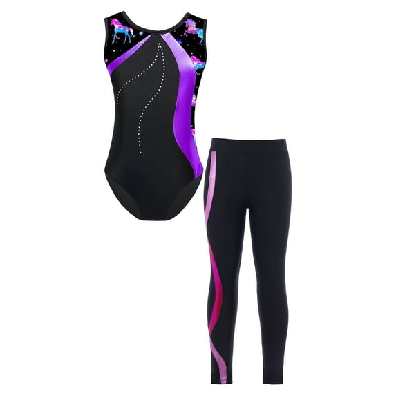 iiniim Kid Girls Athletic Unitard 2PCS Dance Wear Ballet Gymnastic Leotard Outfit Activewear Set with Leggings