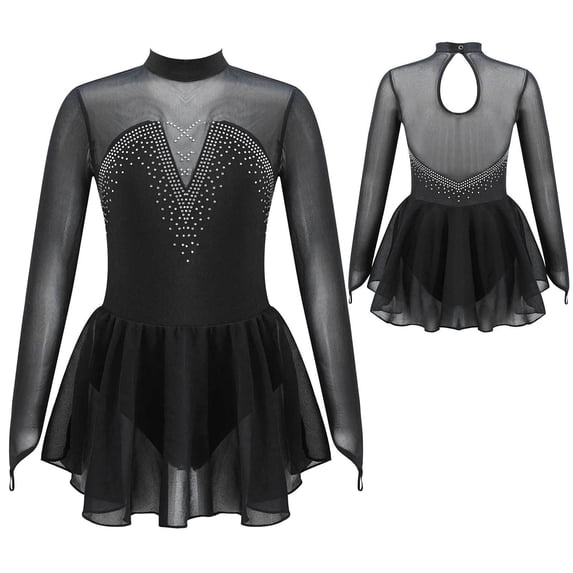 iiniim Girls Ice Figure Skating Long Sleeve Shiny Rhinestones Skirted Leotard Dress Dancewear Black 10