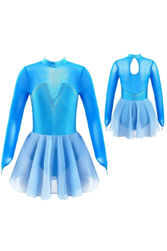 Girls Ice Figure Skating Long Sleeve Shiny Rhinestones Skirted Leotard Dress Dancewear Blue 6