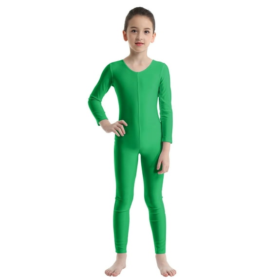 iiniim Girls Gymnastics Ballet Dance Unitard Solid Color Stretch Leotard Long Sleeve Full Bodysuit Jumpsuit Green 10-12