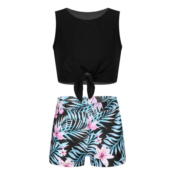 iiniim Kids 2 Pieces Sports Short Set Girls Sleeveless Knot Crop Top with Bottoms Ballet Yoga Bodysuit Green Lily 12