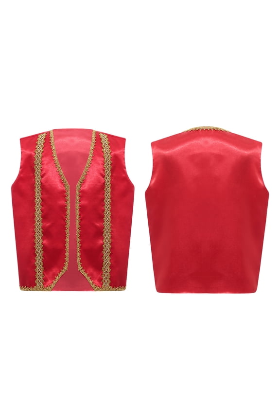 Kids Arabian Prince Costume Golden Decoration Trim Adorned Vest Waistcoat Gothic Jackets Cardigan Tops Size 6-16 Burgundy 16