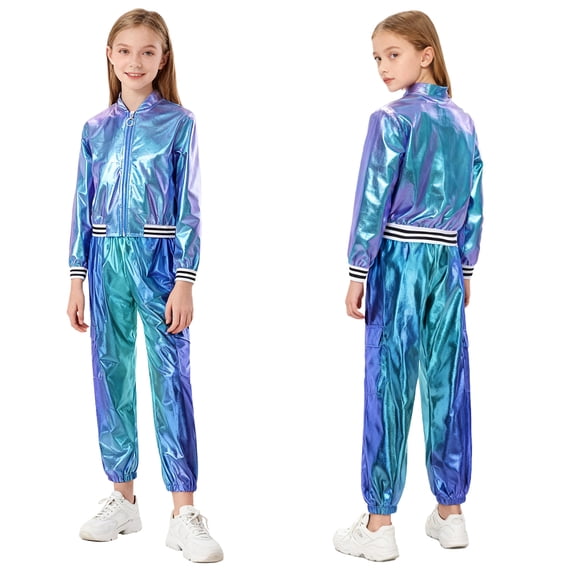 iiniim Boys Girls Hip Hop Modern Dance Outfit Shiny Metallic Long Sleeve Jacket and Pants Set Tracksuit Blue 10