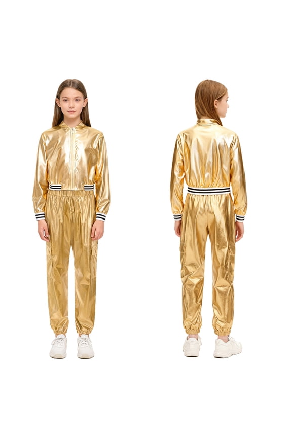 Boys Girls Hip Hop Modern Dance Outfit Shiny Metallic Long Sleeve Jacket and Pants Set Tracksuit Gold 8