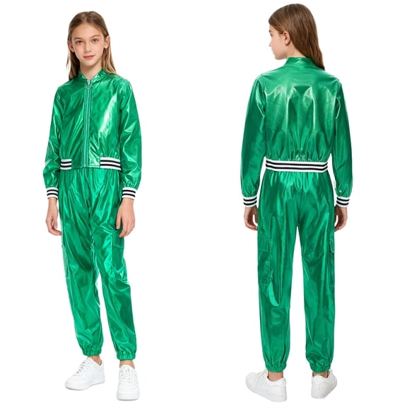 iiniim Boys Girls Hip Hop Modern Dance Outfit Shiny Metallic Long Sleeve Jacket and Pants Set Tracksuit Green 6