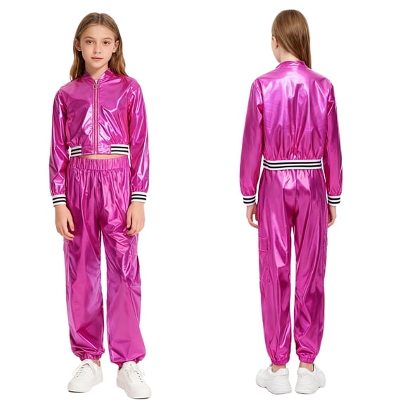 iiniim Boys Girls Hip Hop Modern Dance Outfit Shiny Metallic Long Sleeve Jacket and Pants Set Tracksuit Hot Pink 6