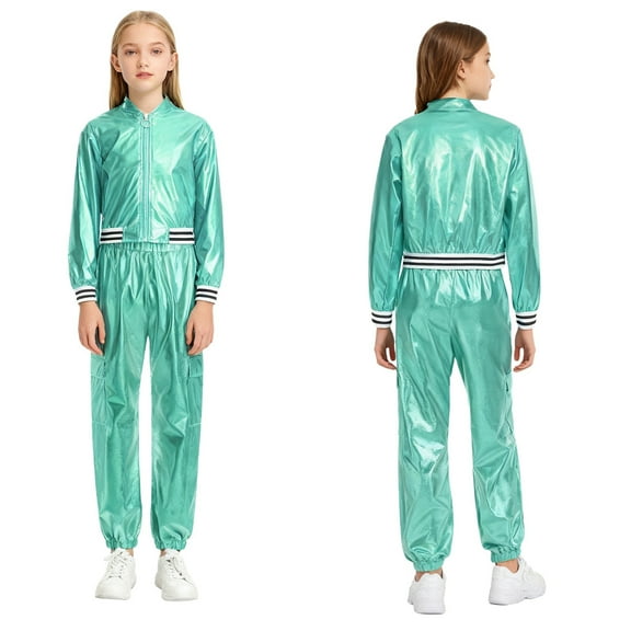 iiniim Boys Girls Hip Hop Modern Dance Outfit Shiny Metallic Long Sleeve Jacket and Pants Set Tracksuit Light Green 6