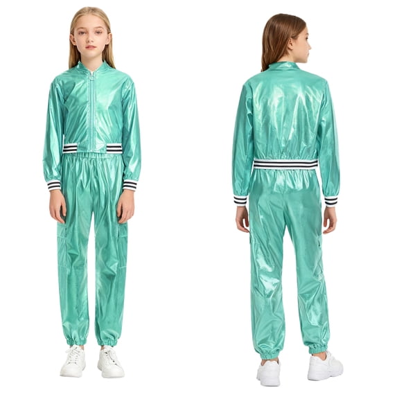 iiniim Boys Girls Hip Hop Modern Dance Outfit Shiny Metallic Long Sleeve Jacket and Pants Set Tracksuit Light Green 8