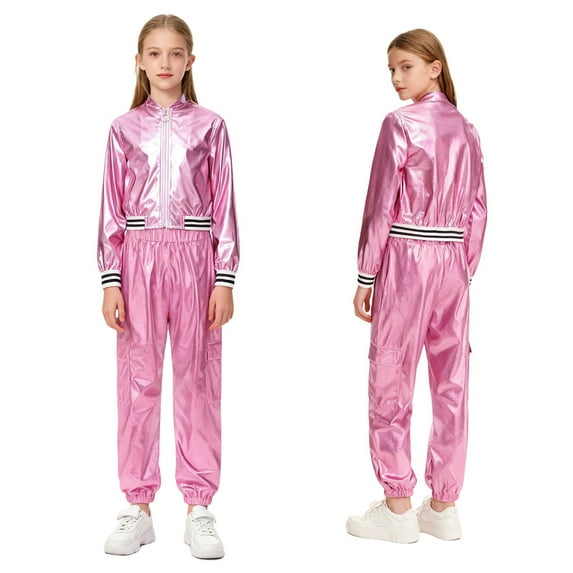 iiniim Boys Girls Hip Hop Modern Dance Outfit Shiny Metallic Long Sleeve Jacket and Pants Set Tracksuit Pink 14