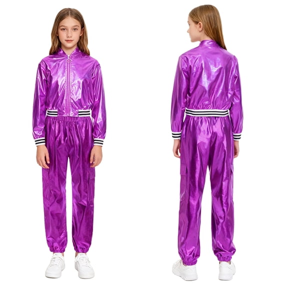 iiniim Boys Girls Hip Hop Modern Dance Outfit Shiny Metallic Long Sleeve Jacket and Pants Set Tracksuit Purple 6