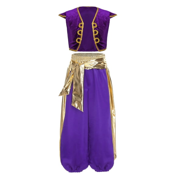 iiniim Kids Boys 2Pcs Halloween Arabian Prince Cosplay Costume Golden Trim Vest Jackets and Pants Purple 12