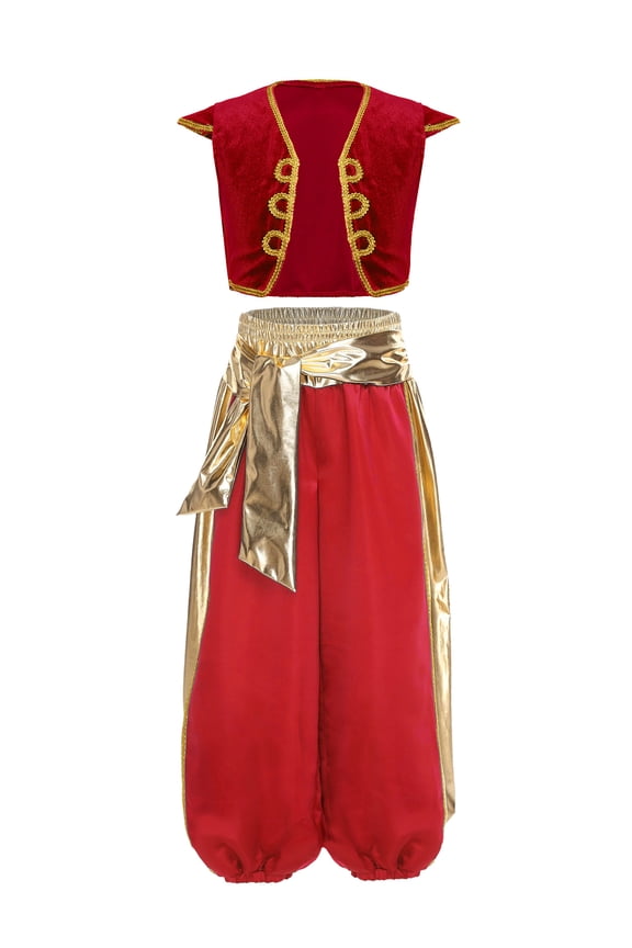 Kids Boys 2Pcs Halloween Arabian Prince Cosplay Costume Golden Trim Vest Jackets and Pants Red 10