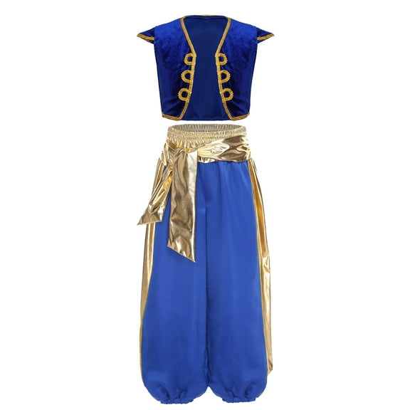 iiniim Kids Boys 2Pcs Halloween Arabian Prince Cosplay Costume Golden Trim Vest Jackets and Pants Royal Blue 4