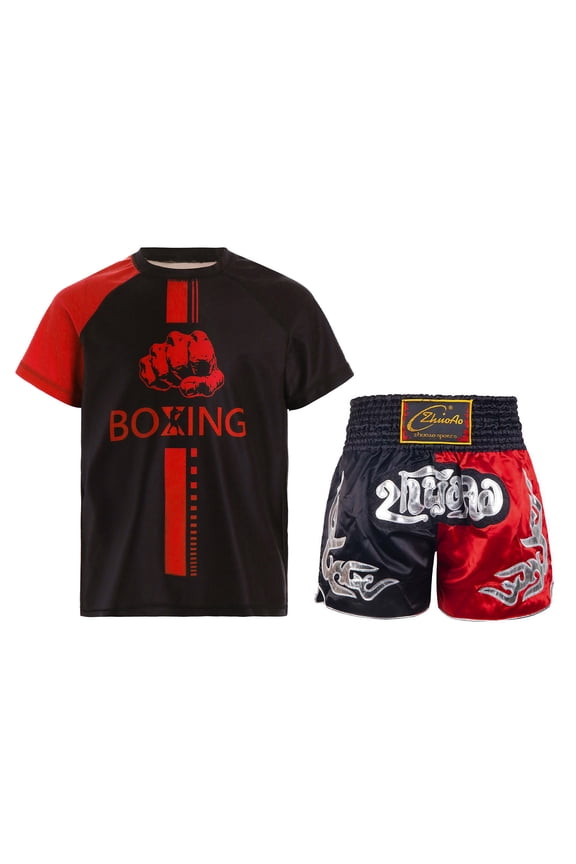 Kids Boys Boxing Boxer Uniform Short Sleeve Quick Dry T-shirt with Boxing Trunks Black&Red 14