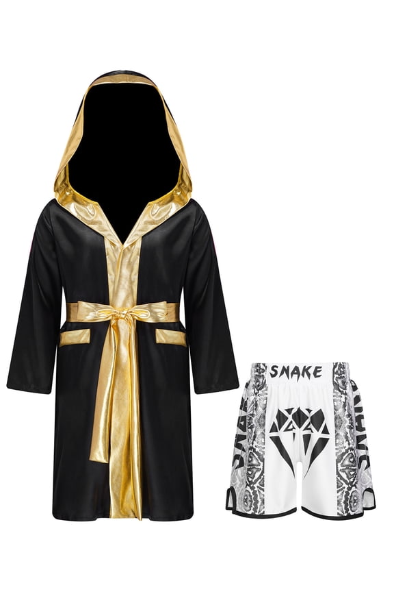 Kids Boys Boxing Metallic Satin Robe Open Front Hooded Grown Cloak with Belt and Boxer Shorts B2 6