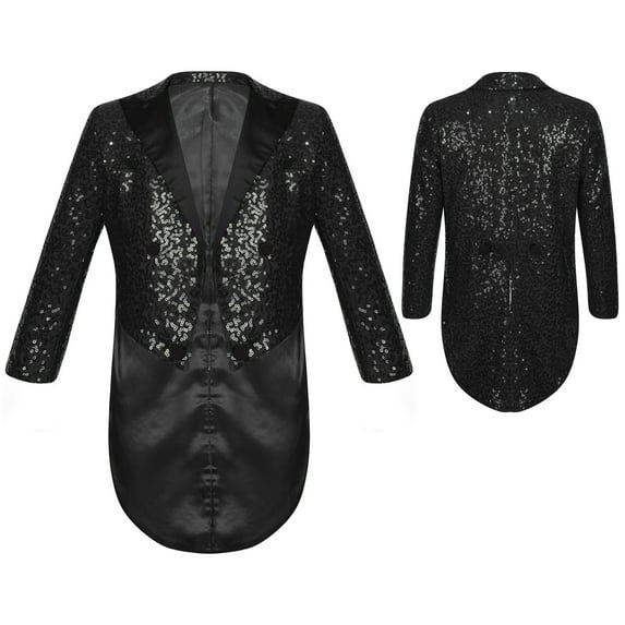 iiniim Kids Boys Classic Tailcoat Shiny Sequins Evening Suit Blazer Long Sleeve Lapel Wedding Party Jacket Coat Size 6-14 A Black 10