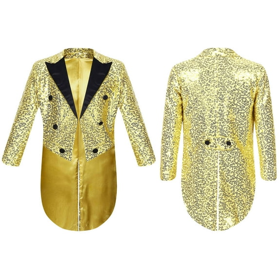 iiniim Kids Boys Classic Tailcoat Shiny Sequins Evening Suit Blazer Long Sleeve Lapel Wedding Party Jacket Coat Size 6-14 Gold 12