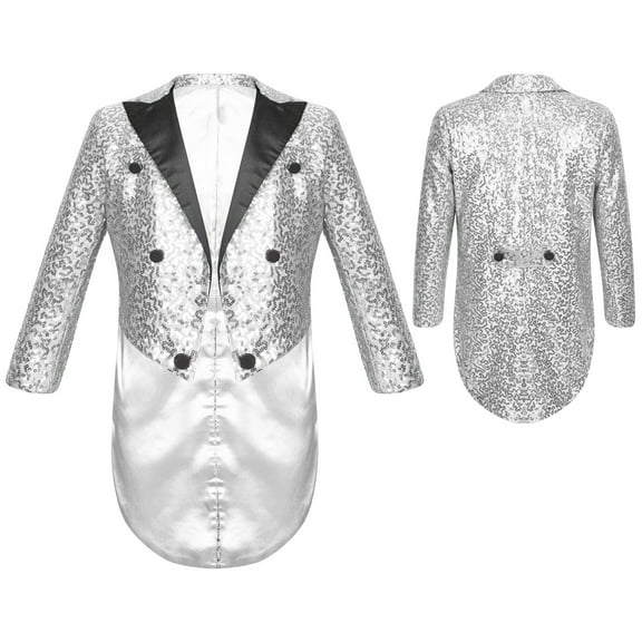 iiniim Kids Boys Classic Tailcoat Shiny Sequins Evening Suit Blazer Long Sleeve Lapel Wedding Party Jacket Coat Size 6-14 Silver 6