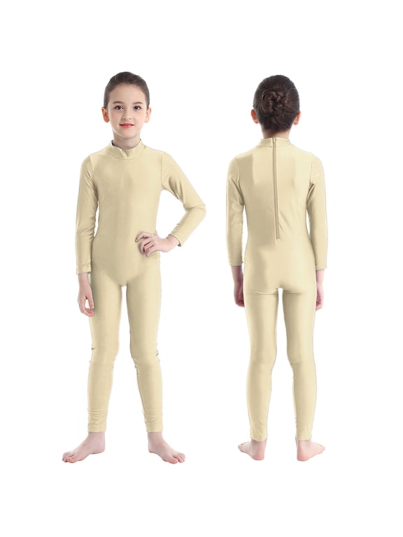 Kids Boys Girls Mock Neck Long Sleeve Unitard Leotard Full Length Body Suit Jumpsuit Dance wear Beige 5-6
