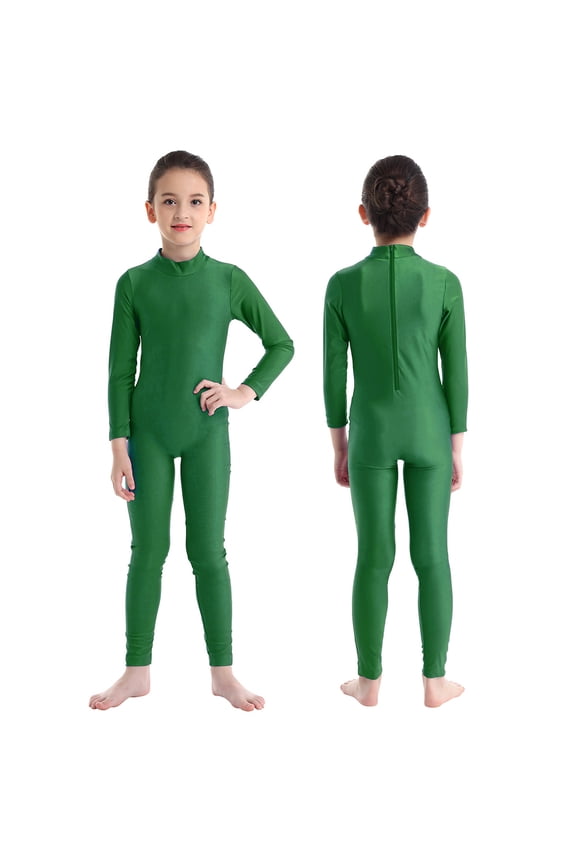 Kids Boys Girls Mock Neck Long Sleeve Unitard Leotard Full Length Body Suit Jumpsuit Dance wear Green 10-12