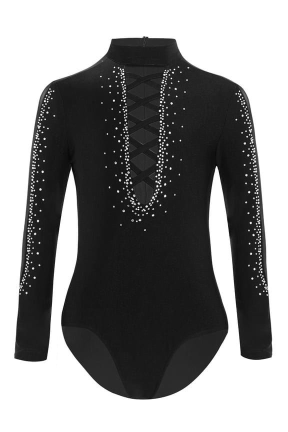 Kids Boys Long Sleeve Gymnastics Leotard Glittery Crisscross Strappy Dance Bodysuit Shiny Unitard Black 12