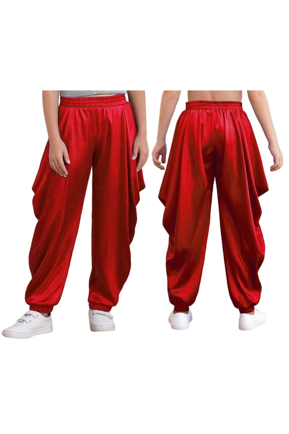 Kids Boys Satin Dhoti Pants Casual Kurta Elastic Waist Baggy Draped Harem Boho Hippie Trousers Red 14