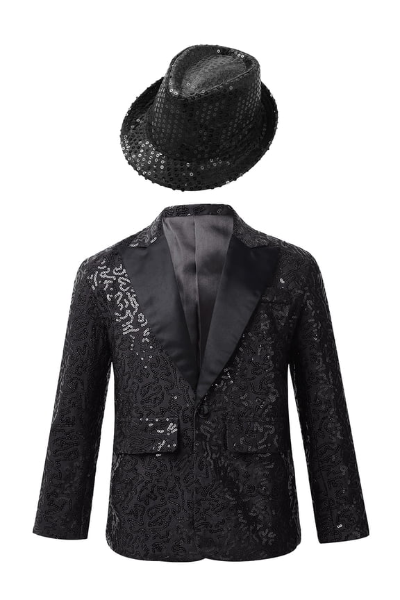 Kids Boys Shiny Sequins Blazer with Fedora Hat Wedding Party Formal Tuxedo Suit 6-16 Black 8