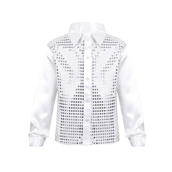 iiniim Boys Sparkle Sequins Long Sleeve Button Down Shirt Latin Jazz Dance Stage Performance White 12-14