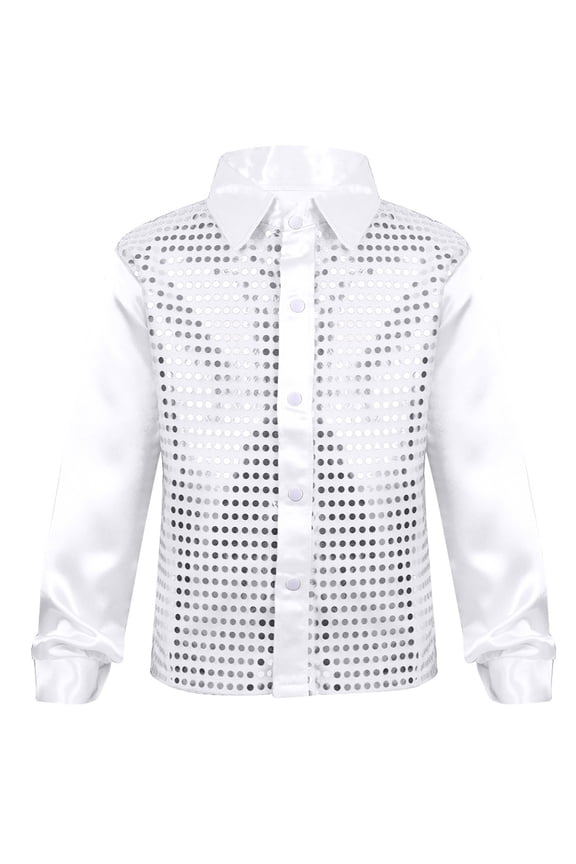 Boys Sparkle Sequins Long Sleeve Button Down Shirt Latin Jazz Dance Stage Performance White 10-12