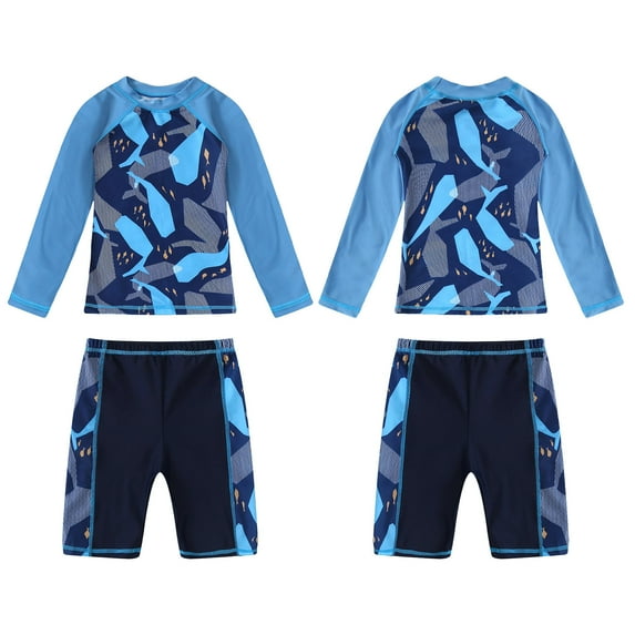 iiniim Kids Boys Swimsuits UPF 50+ 2-Piece Swim Set Long Sleeve Rash Guard Shirt with Trunks Bathing Suit