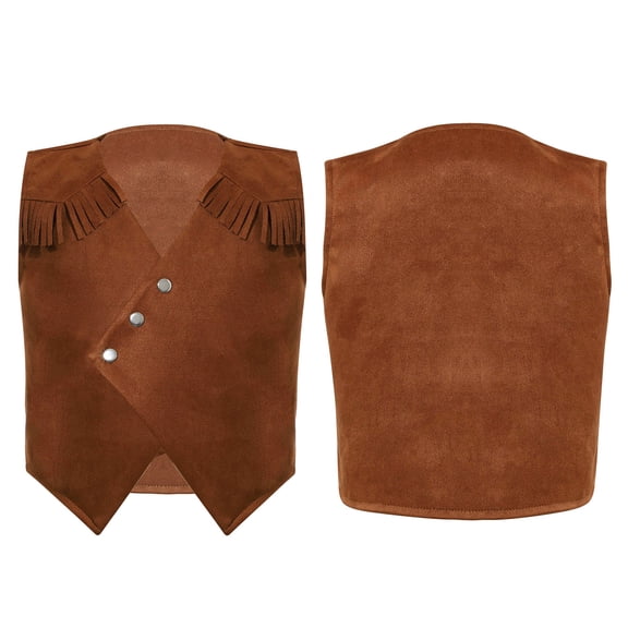 iiniim Kids Boys Western Cowboy Costume Brown Suede Leather Fringe Tassels Vest Jacket for Halloween Carnival Party 4-16 Brown 14