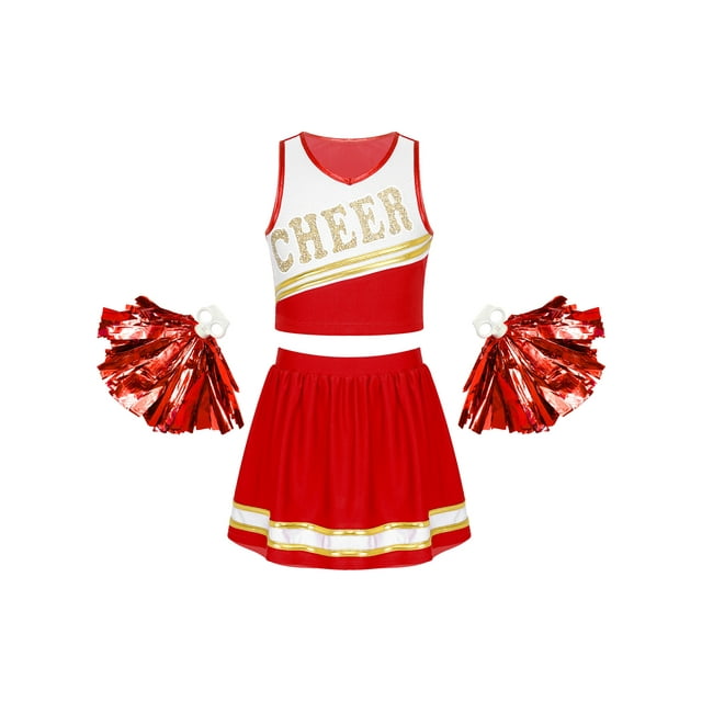 iiniim Kids Cheer Leader Costumes Sleeveless Cheerleading Uniform Dress Outfit with 2 Pom Poms