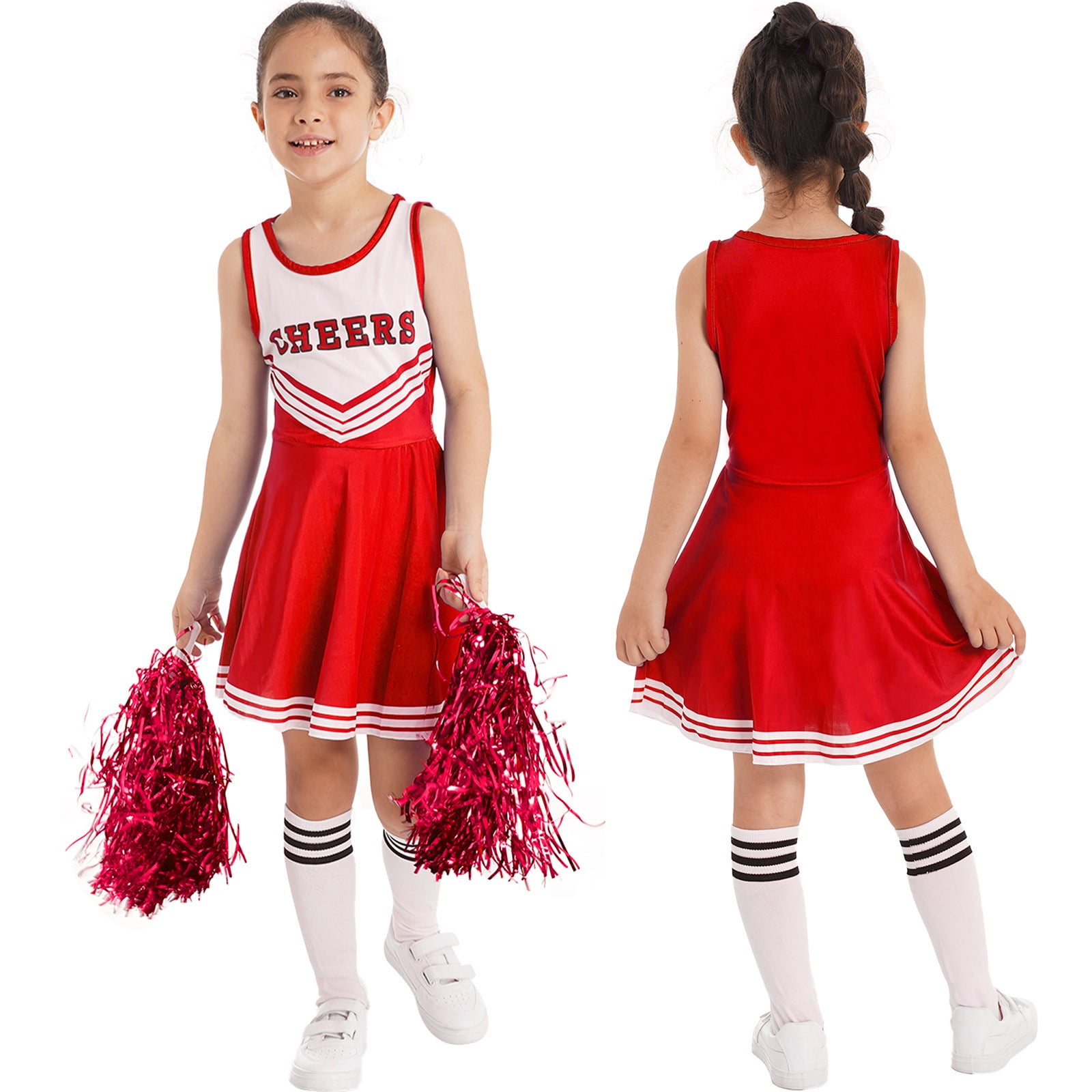 iiniim Kids Cheer leader Dress with Stockings Poms Cheerleading Uniform