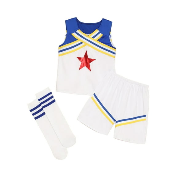 iiniim Kids Cheerleading Outfits Star Printed Tops with Shorts and Socks 3Pcs Cheer Leader Uniform Type A Blue 110
