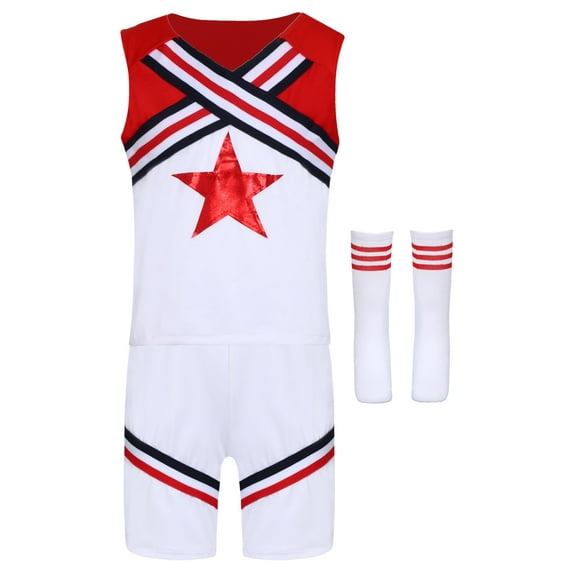 iiniim Kids Cheerleading Outfits Star Printed Tops with Shorts and Socks 3Pcs Cheer Leader Uniform Type A Red 160