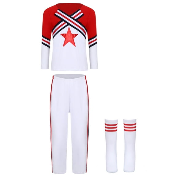 iiniim Kids Cheerleading Outfits Star Printed Tops with Shorts and Socks 3Pcs Cheer Leader Uniform Type B Red 140