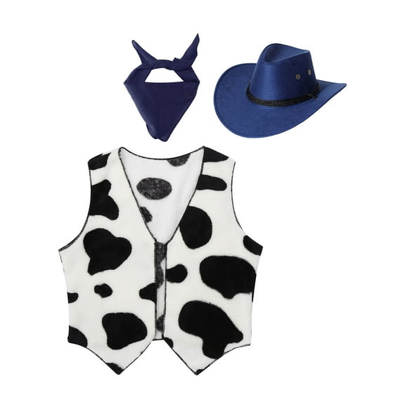 iiniim Kids Cowboy Cowgirls Roleplay Outfits Cow Print Vest Waistcoat Tops with Bandana Hats Set Navy Blue 3T
