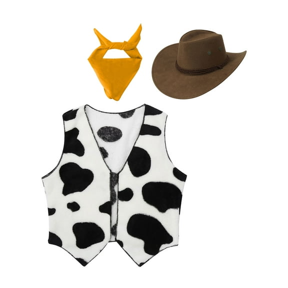 iiniim Kids Cowboy Cowgirls Roleplay Outfits Cow Print Vest Waistcoat Tops with Bandana Hats Set Yellow 2T