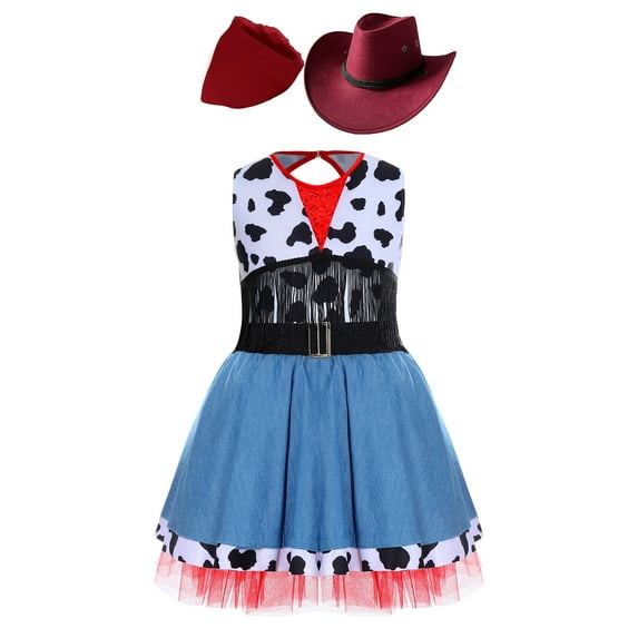 iiniim Kids Cowgirls Western Princess 3 Pcs Outfit Cow Printed Denim Tutu Dress with Hat Burgundy 14