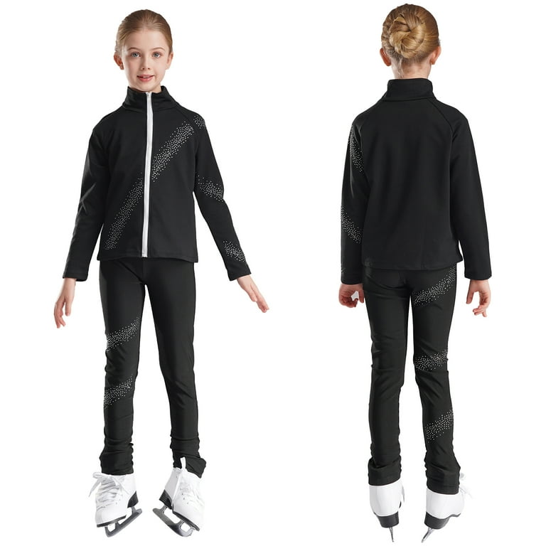 Iiniim Kids Figure Skating Training Ice Skating Suit Trakcsuit Rhinestone Jacket with Pants Set 6-14 Black 6, Girl's