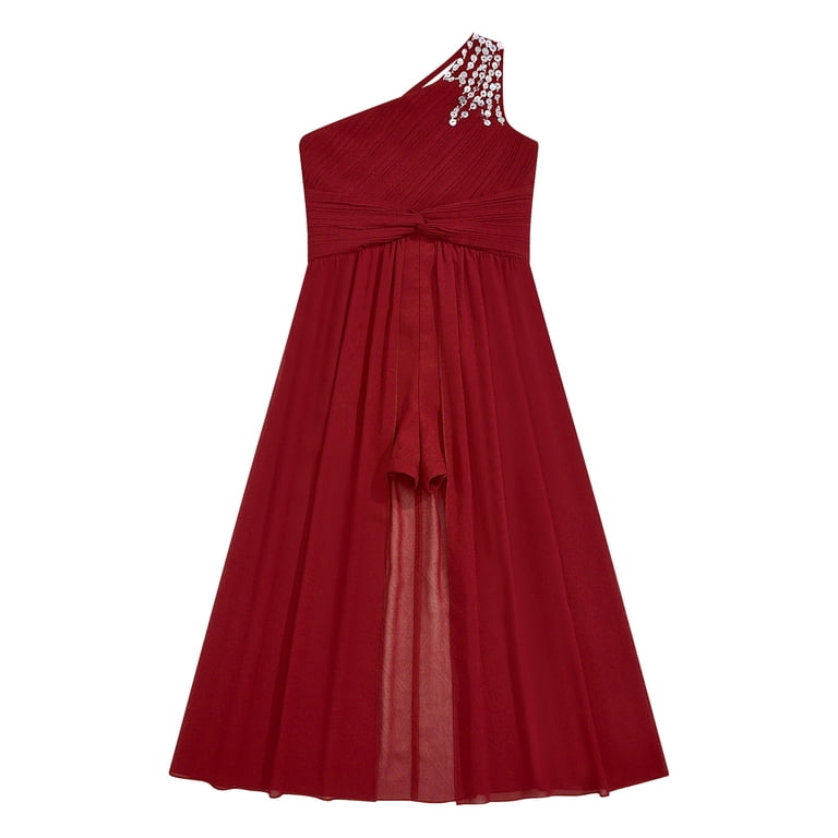 iiniim Kids Flower Girl Chiffon One Shoulder Shiny Beaded Long Romper Dress  Party Prom Maxi Gowns Size 6-16 Burgundy 16 - Walmart.com
