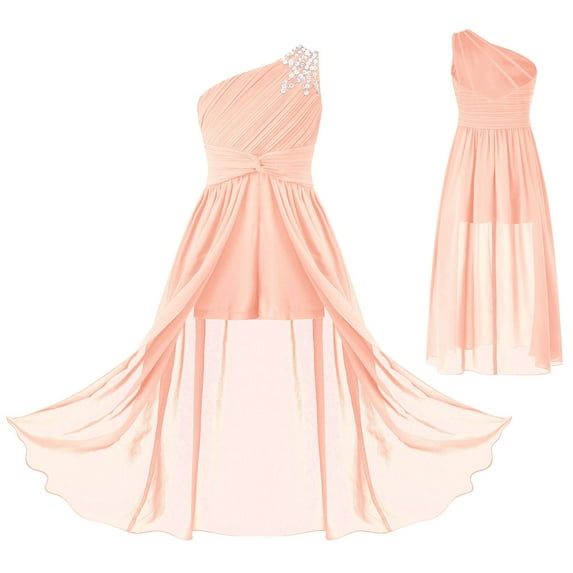 iiniim Kids Flower Girl Chiffon One Shoulder Shiny Beaded Long Romper Dress Party Prom Maxi Gowns Size 6-16 Pink 8